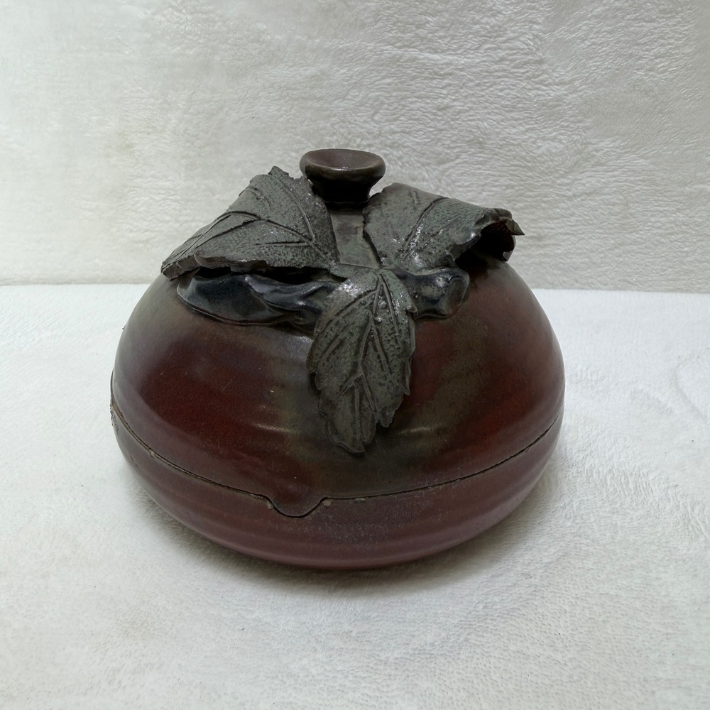 Artisan Studio Signed Pottery Lidded Ashtray Trinket Dish Brown Glazed‎ Leaf